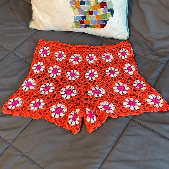 Flower Power Orange Pink Crochet L New Shorts Retro Hippie Festival Woodstock - Picture 2 of 4